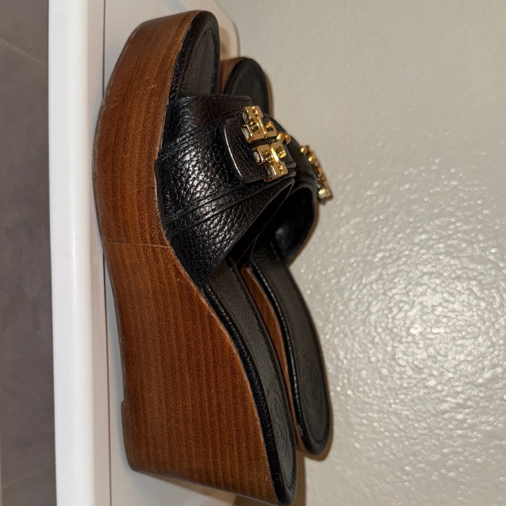 Tory Burch Black and Gold Wedge Sandals - Picture 6 of 10